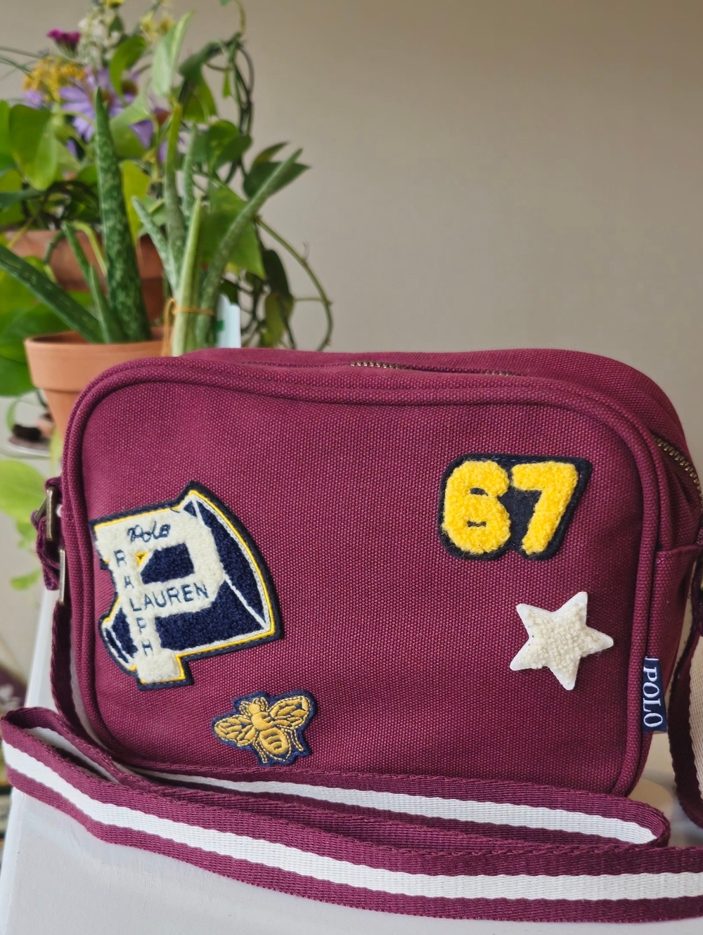Polo Ralph Lauren Patches Canvas Varsity Crossbody Camera Wine ColorBag